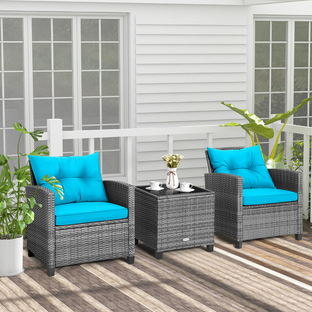 3-Piece Outdoor Wicker Conversation Set with Glass Table – Gray Rattan, Turquoise