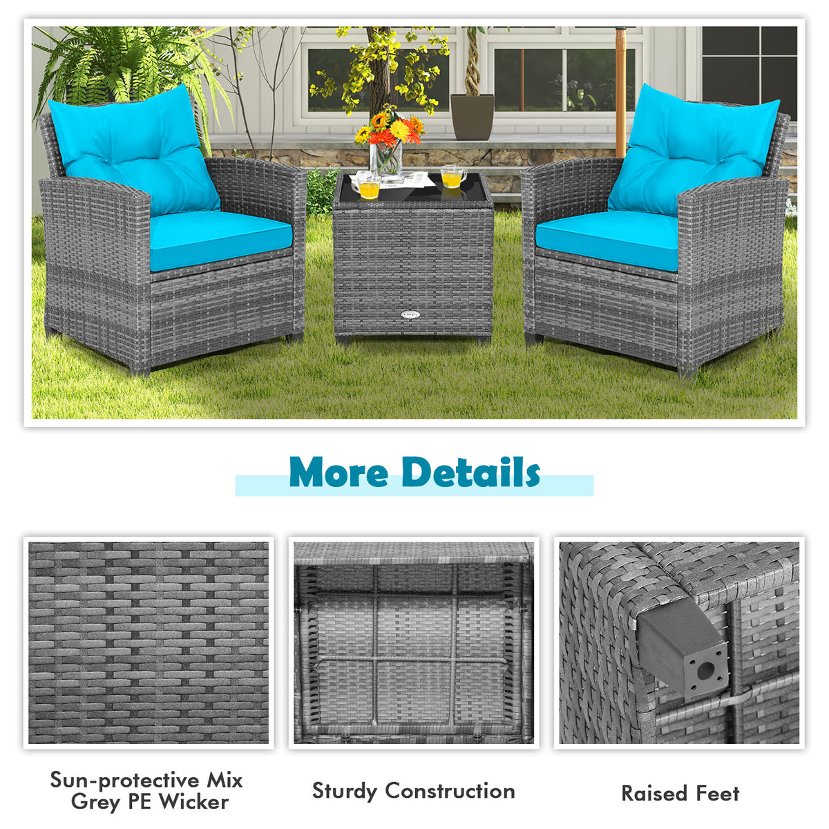 3-Piece Outdoor Wicker Conversation Set with Glass Table – Gray Rattan, Turquoise
