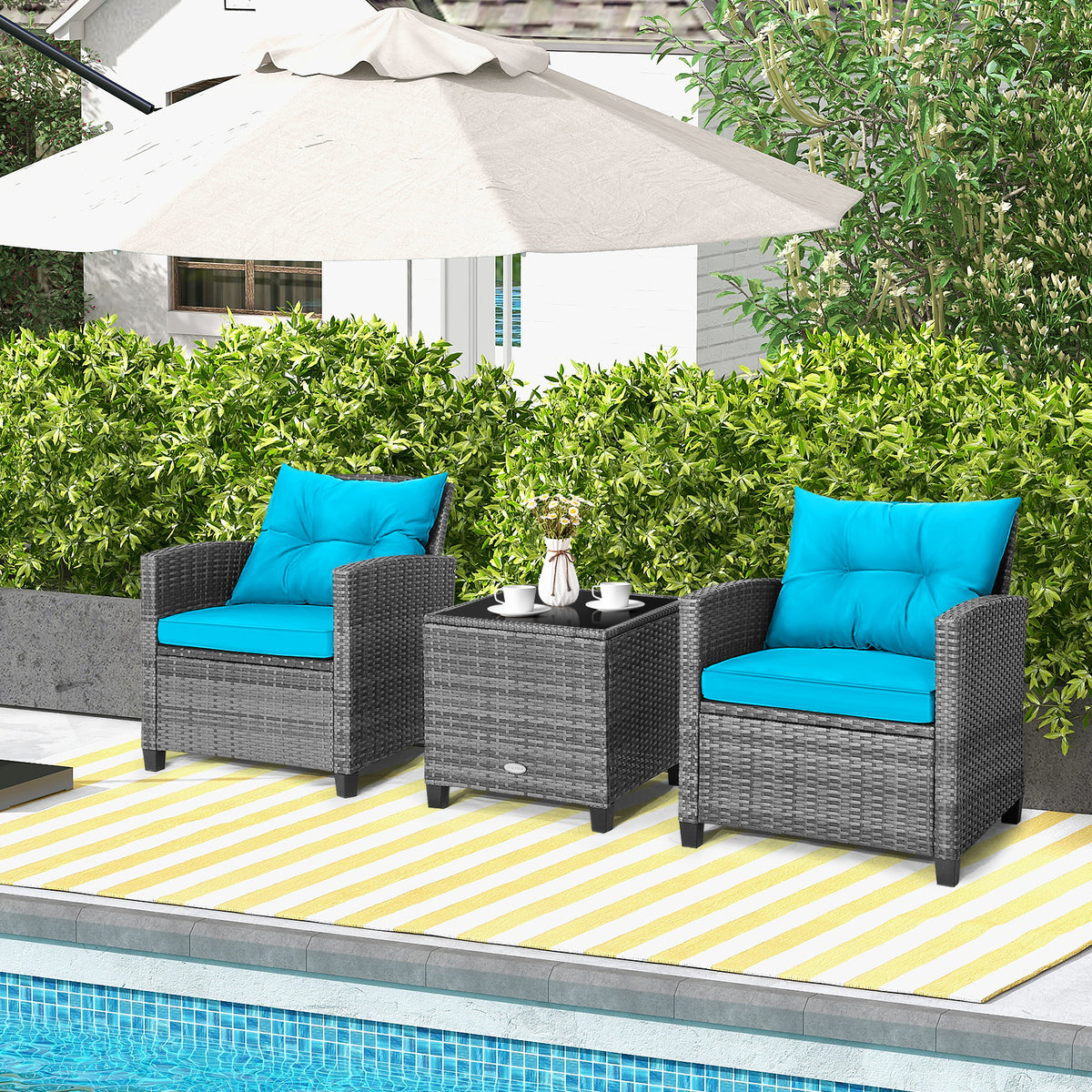 3-Piece Outdoor Wicker Conversation Set with Glass Table – Gray Rattan, Turquoise