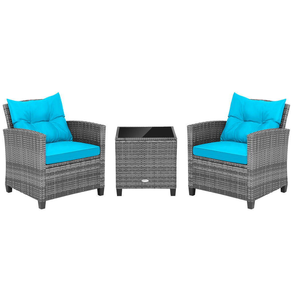 3-Piece Outdoor Wicker Conversation Set with Glass Table – Gray Rattan, Turquoise