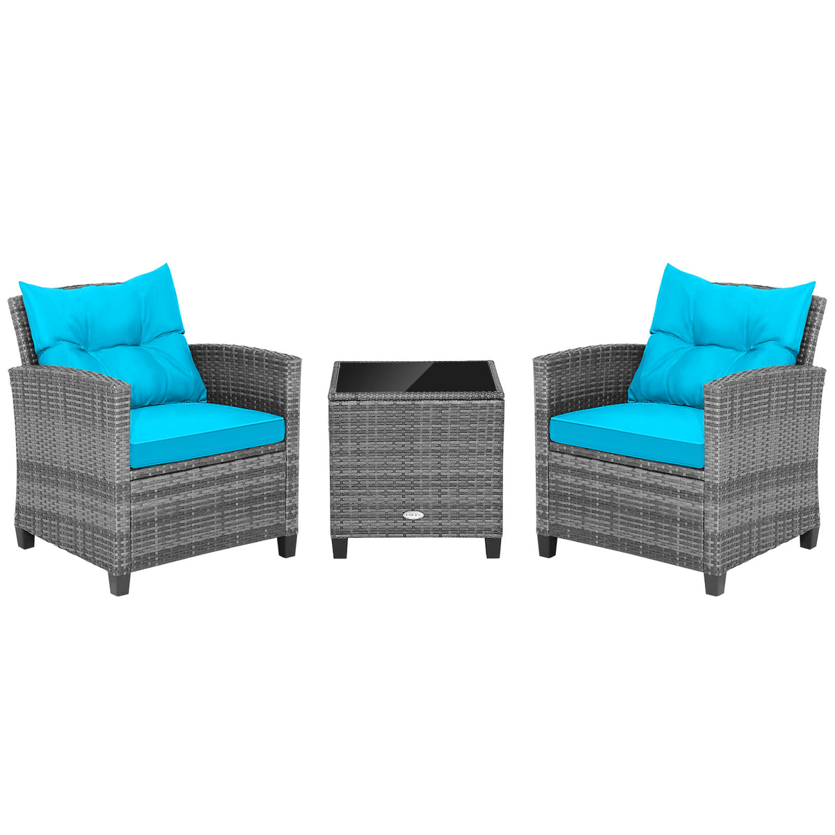 3-Piece Outdoor Wicker Conversation Set with Glass Table – Gray Rattan, Turquoise