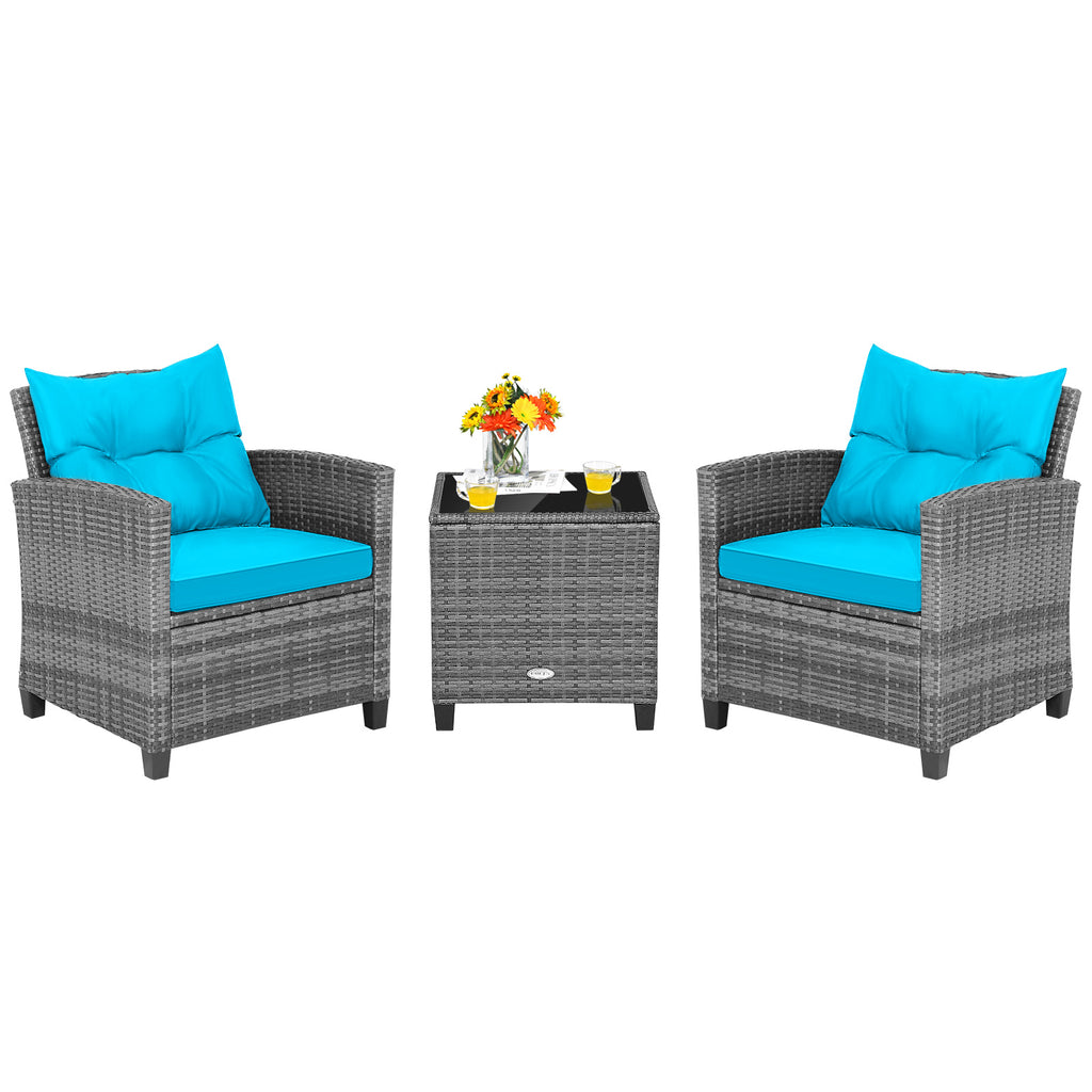 3-Piece Outdoor Wicker Conversation Set with Glass Table – Gray Rattan, Turquoise