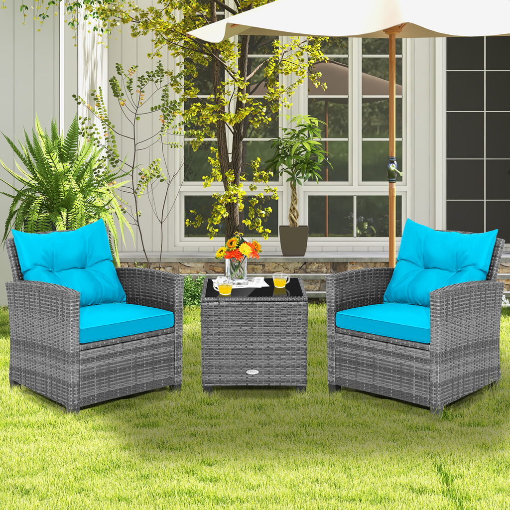 3-Piece Outdoor Wicker Conversation Set with Glass Table – Gray Rattan, Turquoise