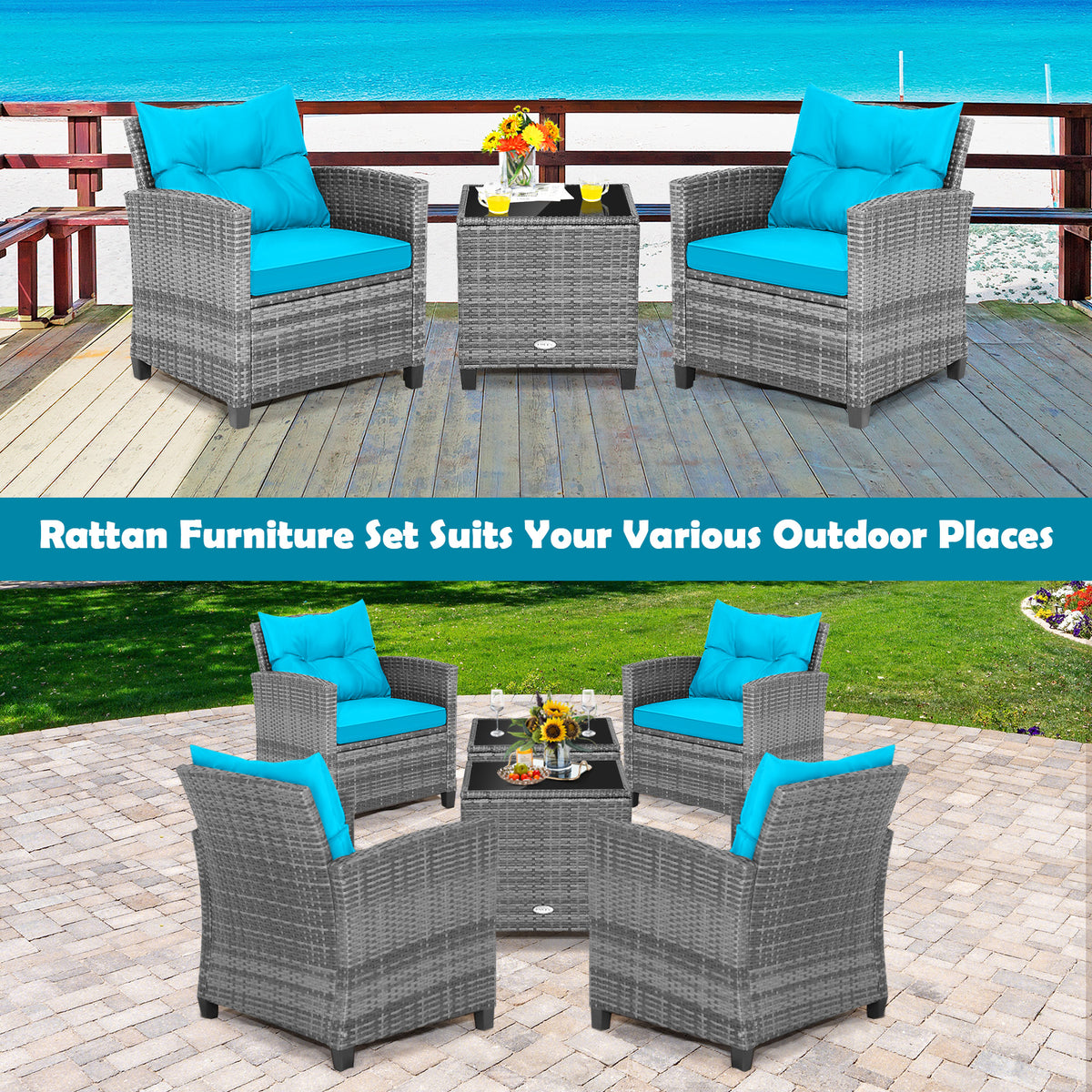 3-Piece Outdoor Wicker Conversation Set with Glass Table – Gray Rattan, Turquoise