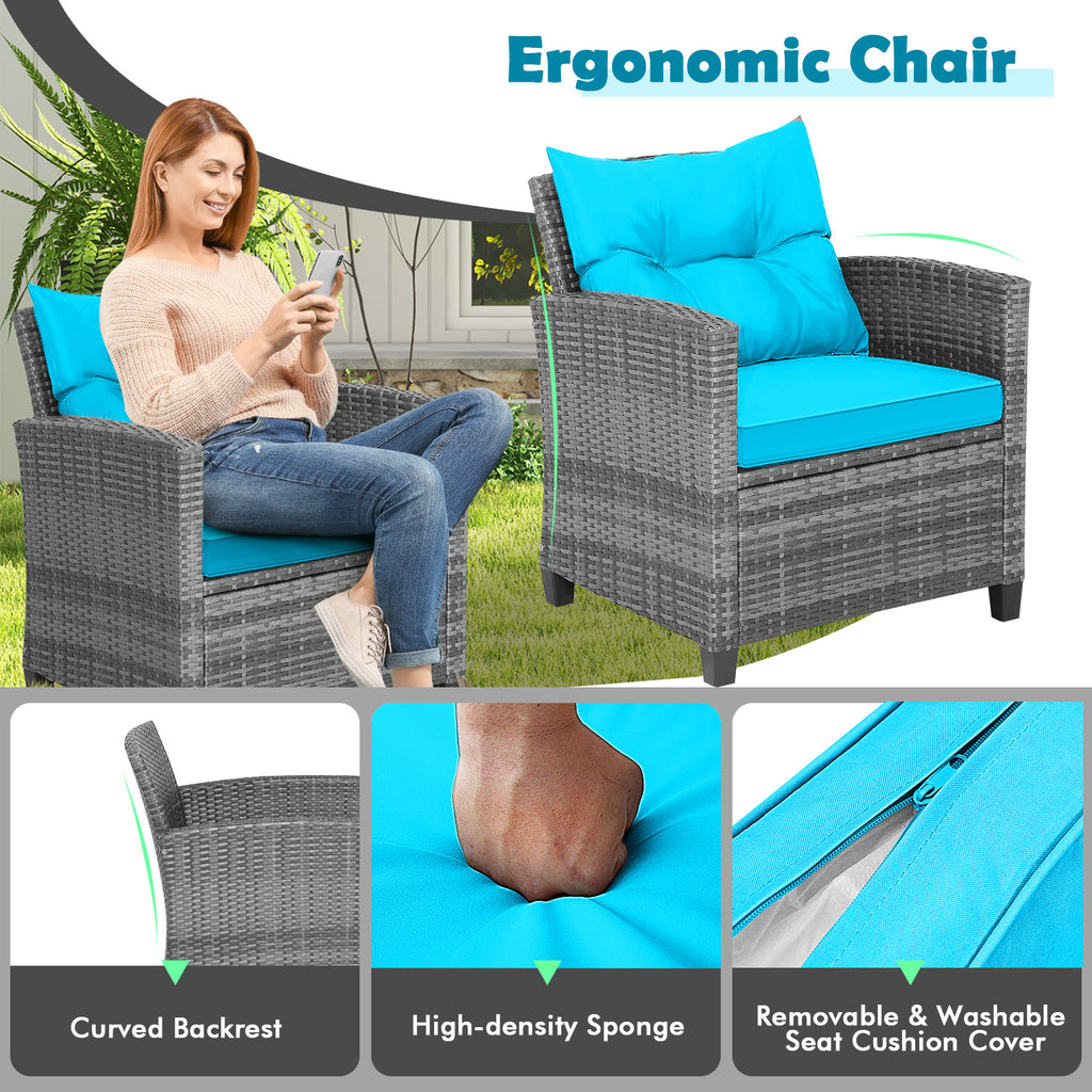 3-Piece Outdoor Wicker Conversation Set with Glass Table – Gray Rattan, Turquoise