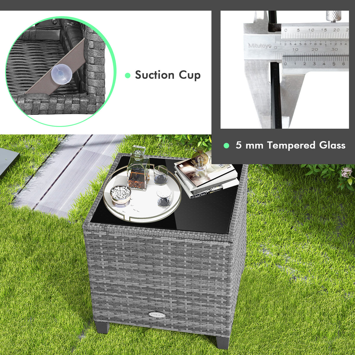 3-Piece Outdoor Wicker Conversation Set with Glass Table – Gray Rattan, Turquoise