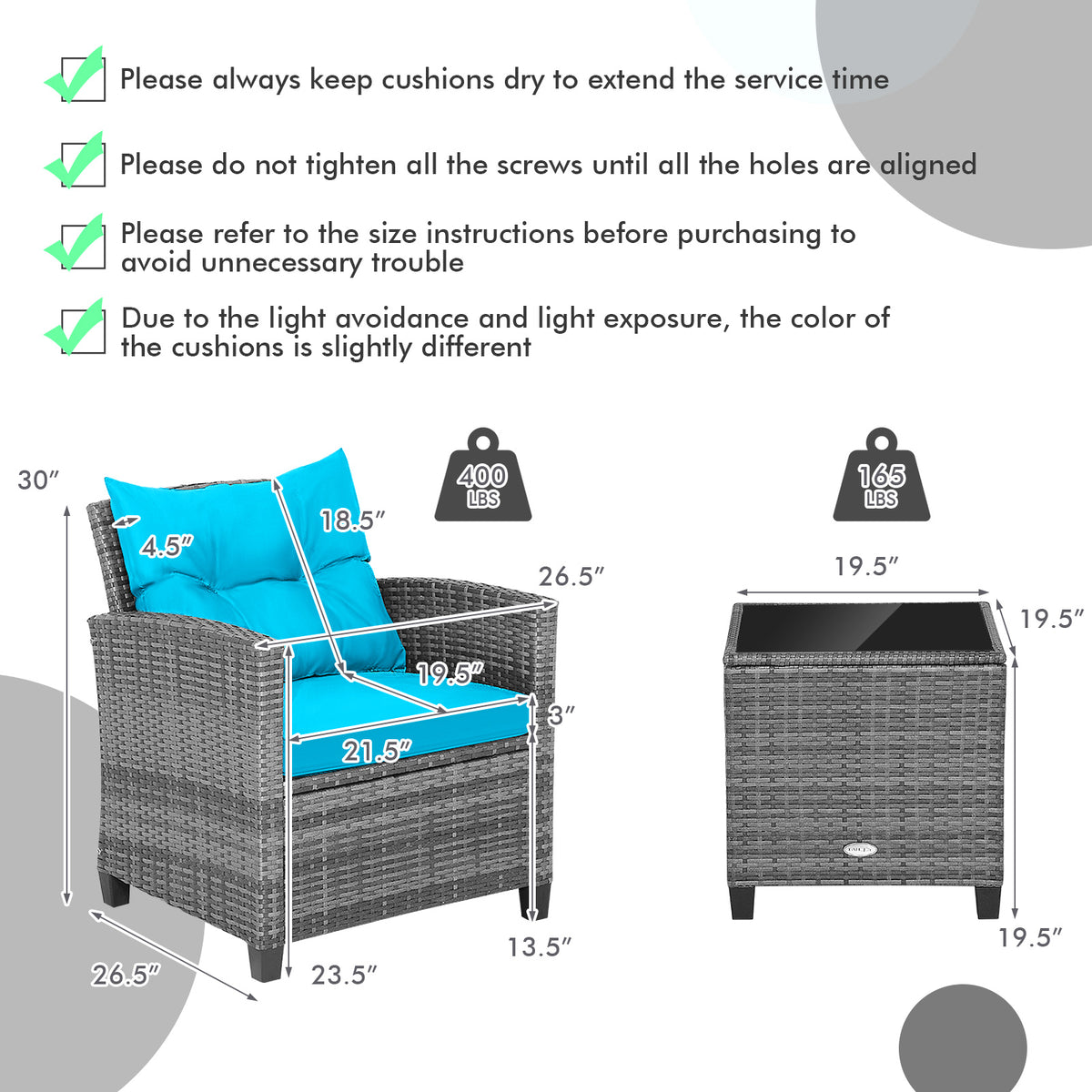 3-Piece Outdoor Wicker Conversation Set with Glass Table – Gray Rattan, Turquoise