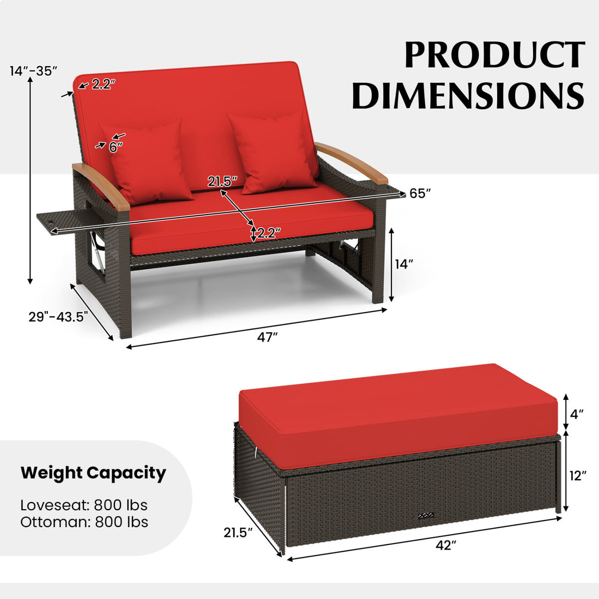 Outdoor Wicker Daybed with Storage Ottoman & Folding Panels - Red