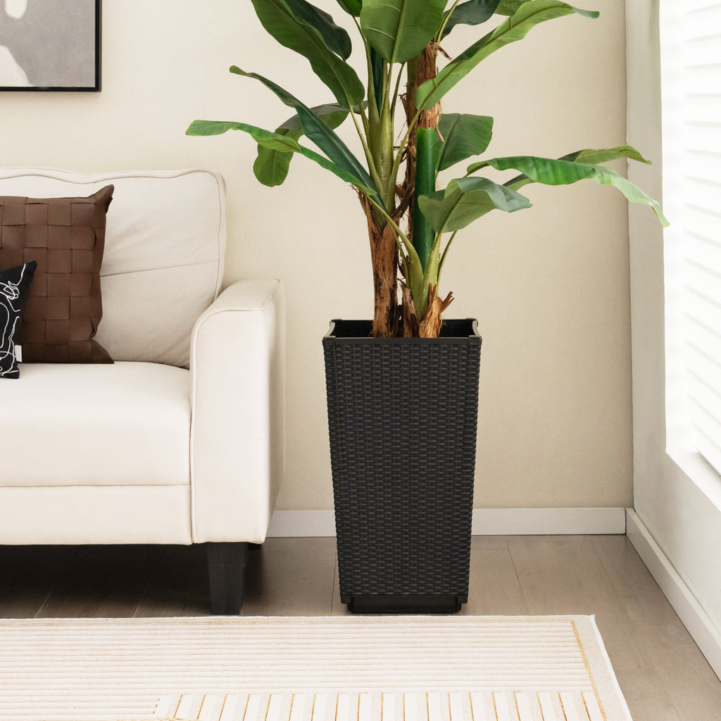 Wicker Flower Pots Set of 2 with Drainage - 22.5 Inch, Black