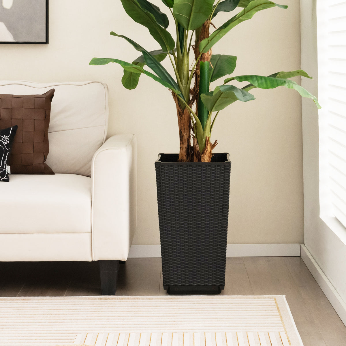 Wicker Flower Pots Set of 2 with Drainage - 22.5 Inch, Black