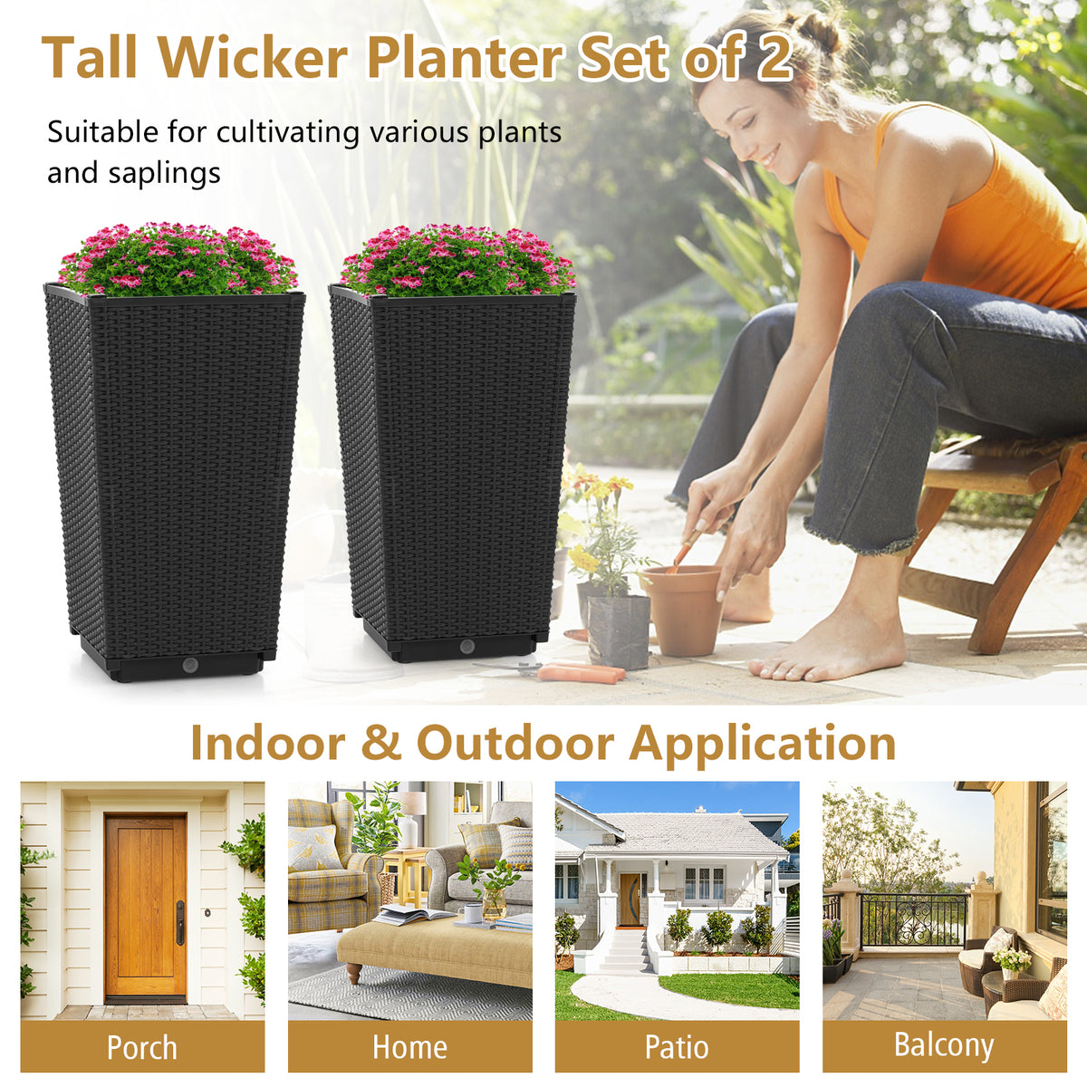 Wicker Flower Pots Set of 2 with Drainage - 22.5 Inch, Black