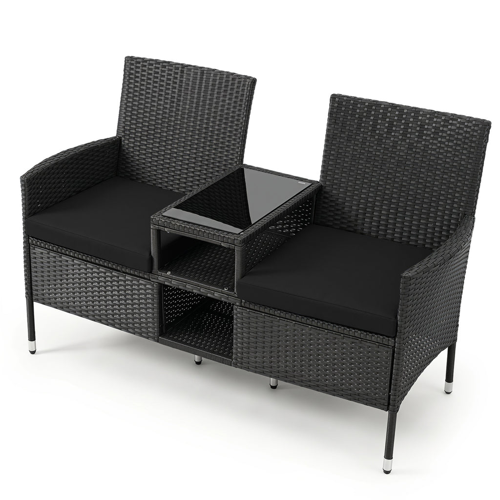 Outdoor Wicker Patio Loveseat with Built-in Glass Side Table