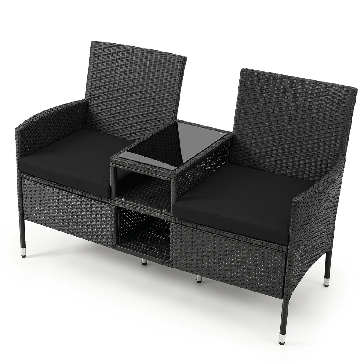 Outdoor Wicker Patio Loveseat with Built-in Glass Side Table