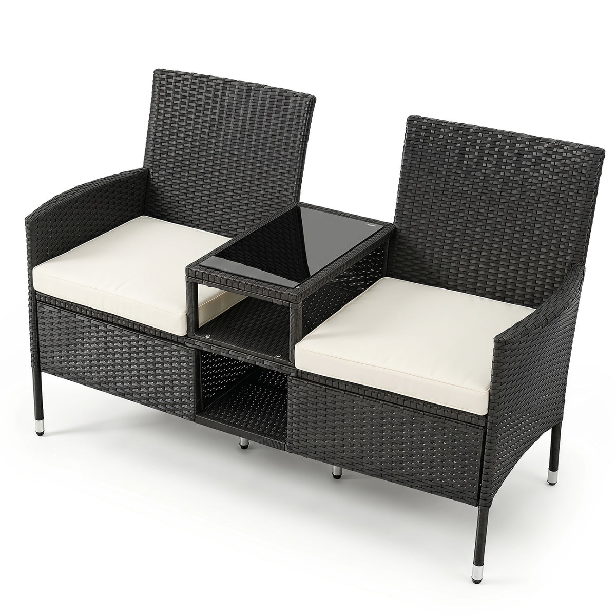 Outdoor Wicker Patio Loveseat with Built-in Glass Side Table