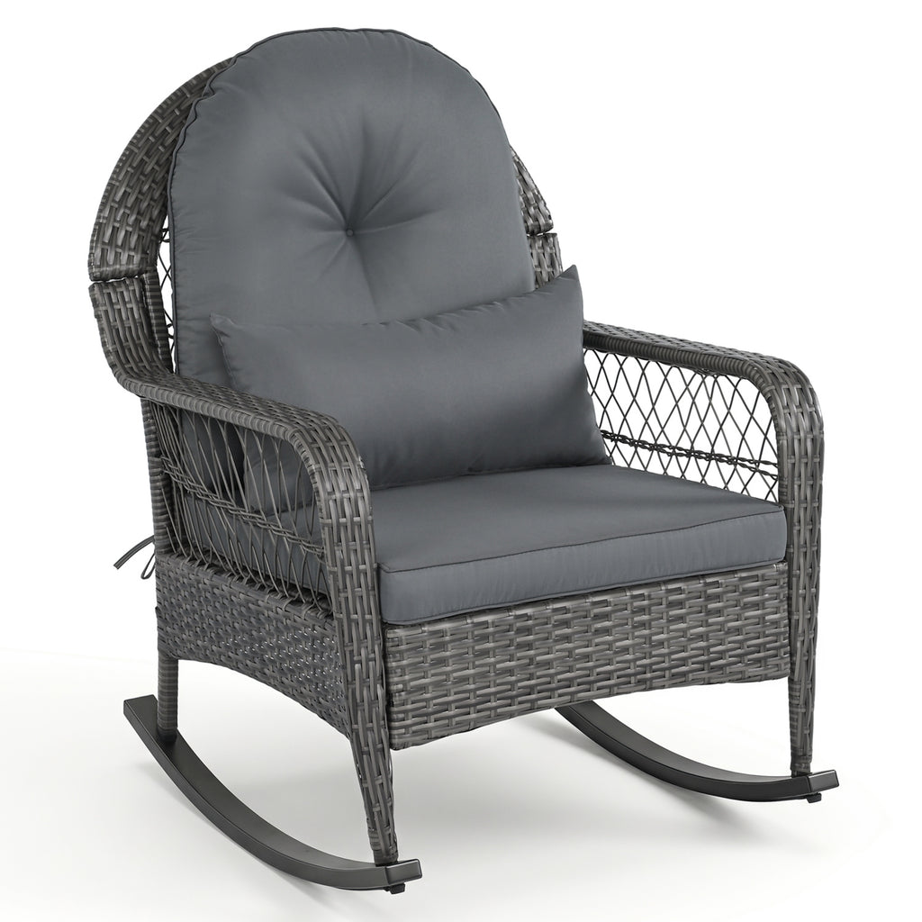Patio Rattan Rocking Chair with Seat Back Cushions and Waist Pillow