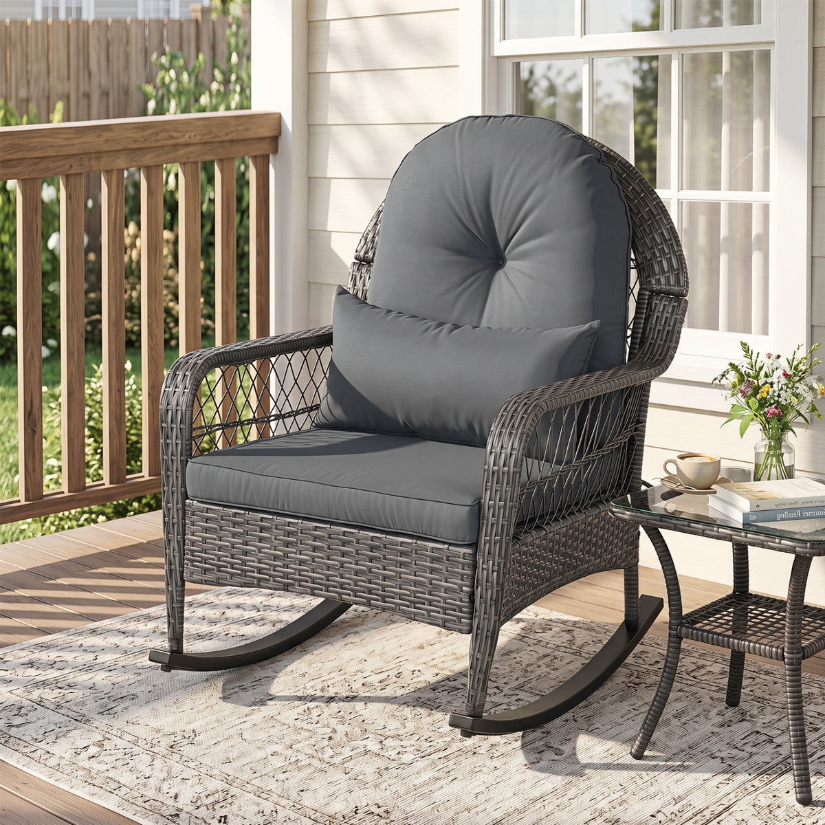 400 LBS Patio Rattan Rocker Chair with Anti-Tip Stoppers and Thick
