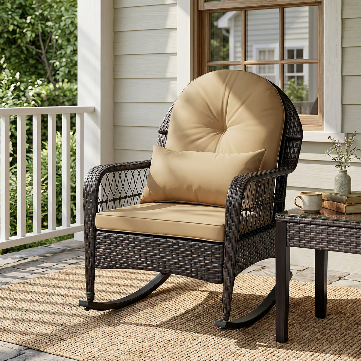 Outdoor Wicker Rocking Chair with Anti-Tip Stoppers 400 LBS for Porch