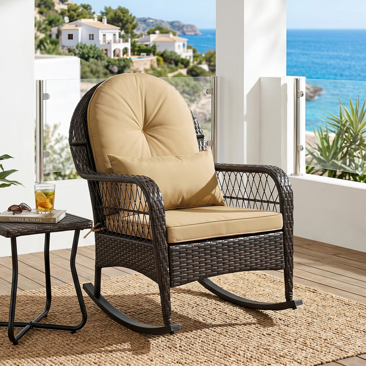 Outdoor Wicker Rocking Chair with Anti-Tip Stoppers 400 LBS for Porch