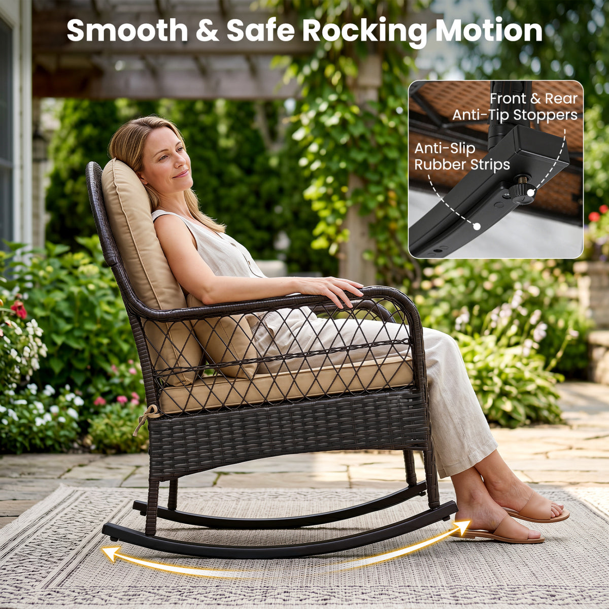 Outdoor Wicker Rocking Chair with Anti-Tip Stoppers 400 LBS for Porch