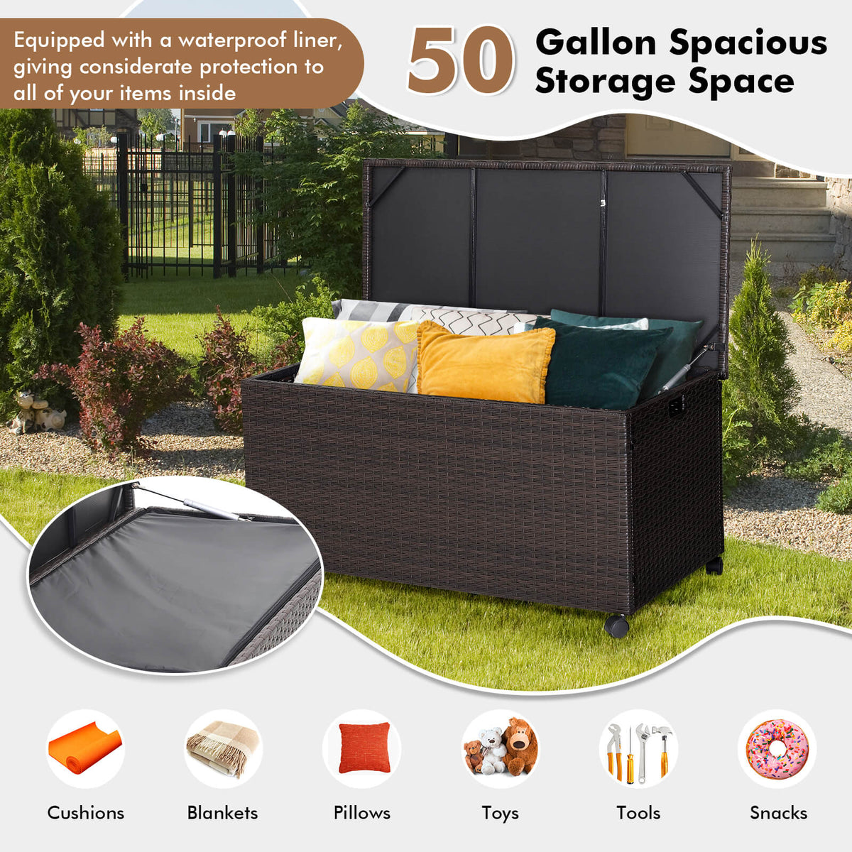 Outdoor Wicker Storage Box with Zippered Liner - 50 Gallon