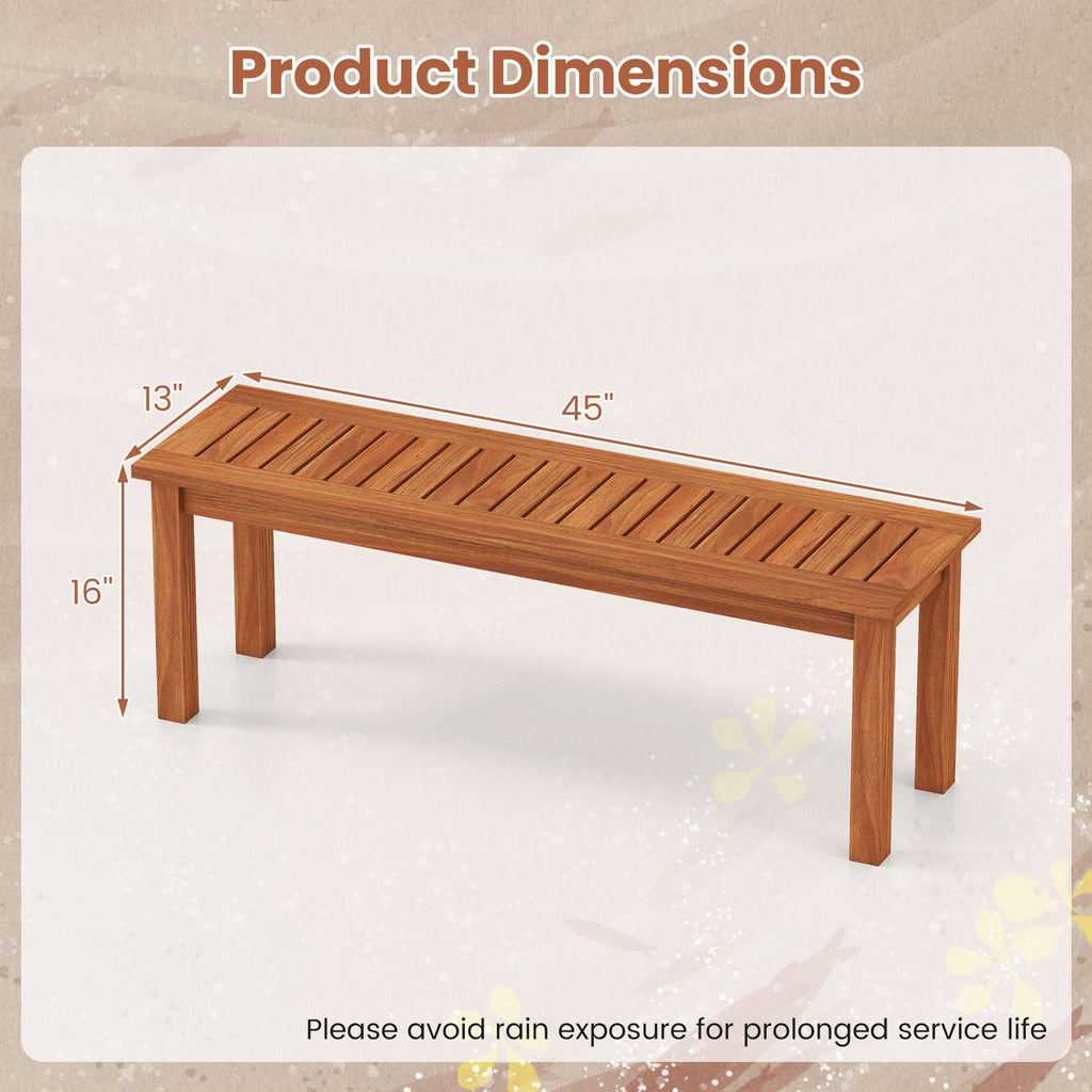Outdoor Wood Bench 2-Person Backless Patio Garden with Slatted Seat