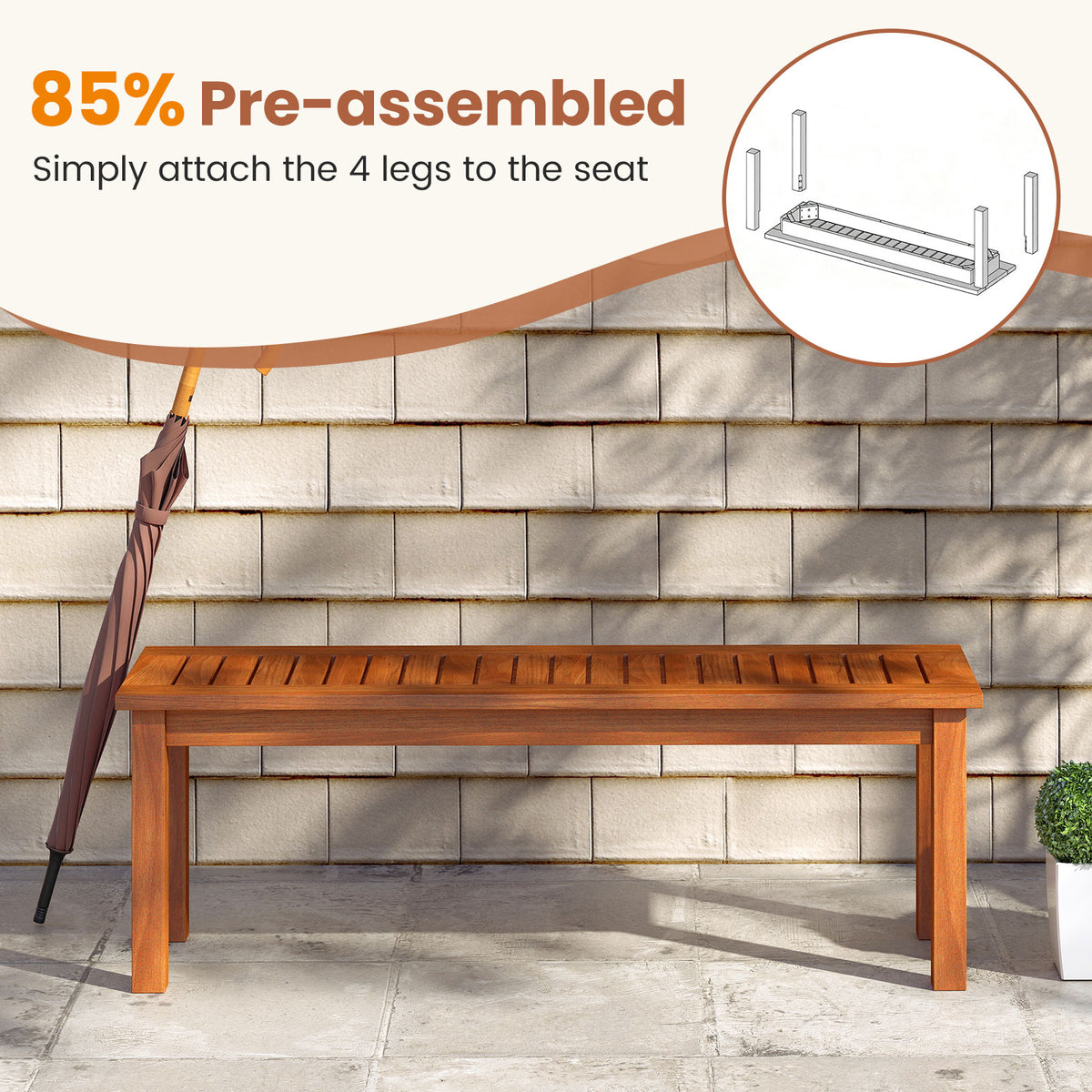 Outdoor Wood Bench 2-Person Backless Patio Garden with Slatted Seat