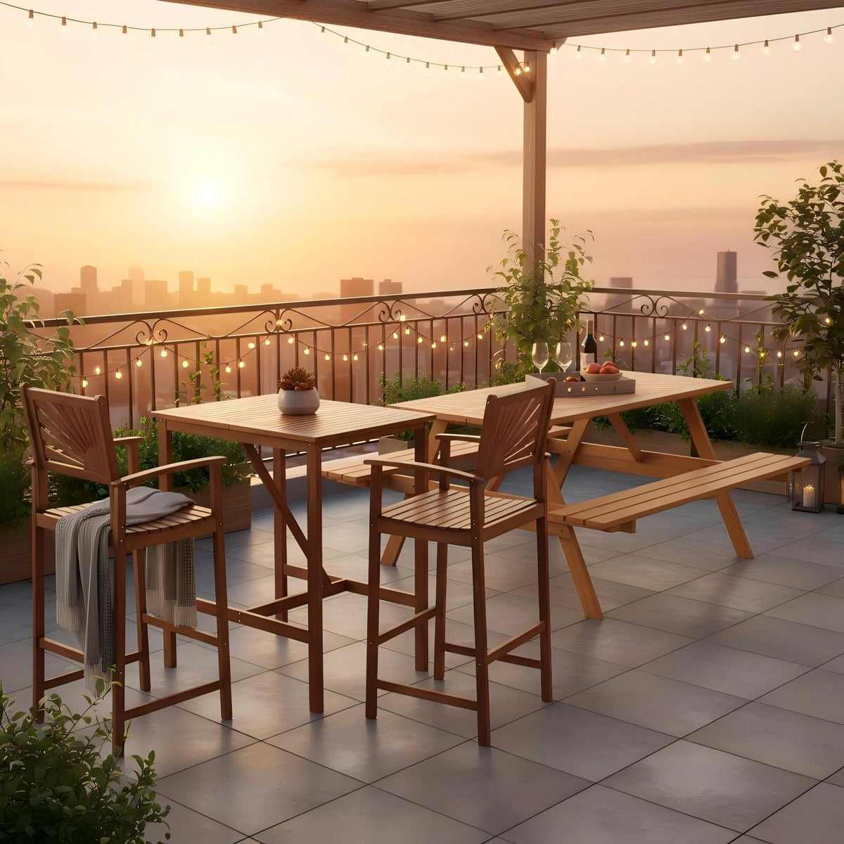 Outdoor Wood Picnic Table with Benches & Bar Table Set