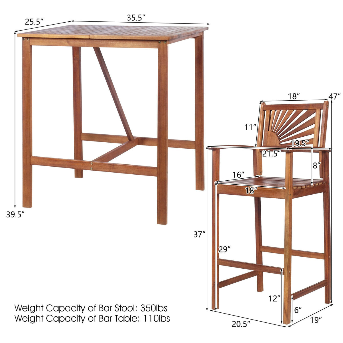 Outdoor Wood Picnic Table with Benches & Bar Table Set
