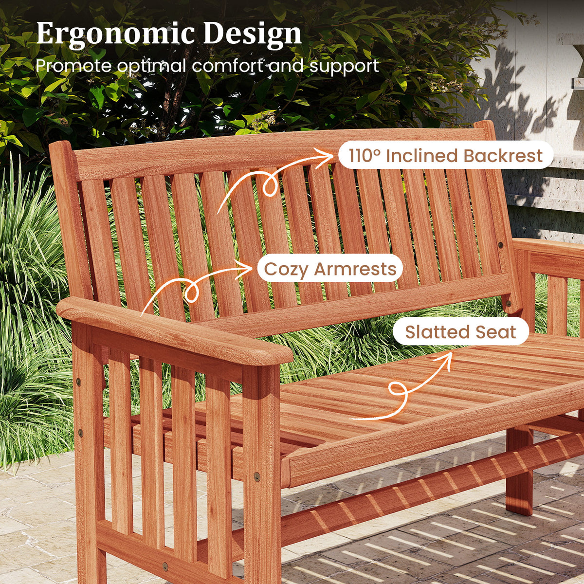 Wood Garden Bench 2-Person with Backrest - 41.5 Inch