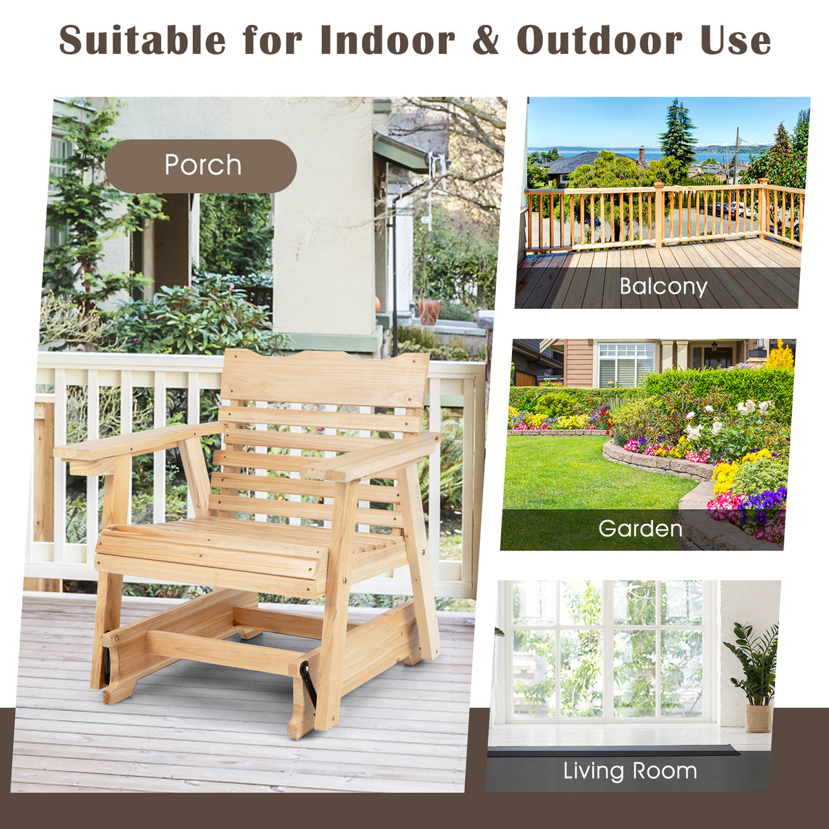 Outdoor Rocking Chair with High Back & Widened Armrests - Brown