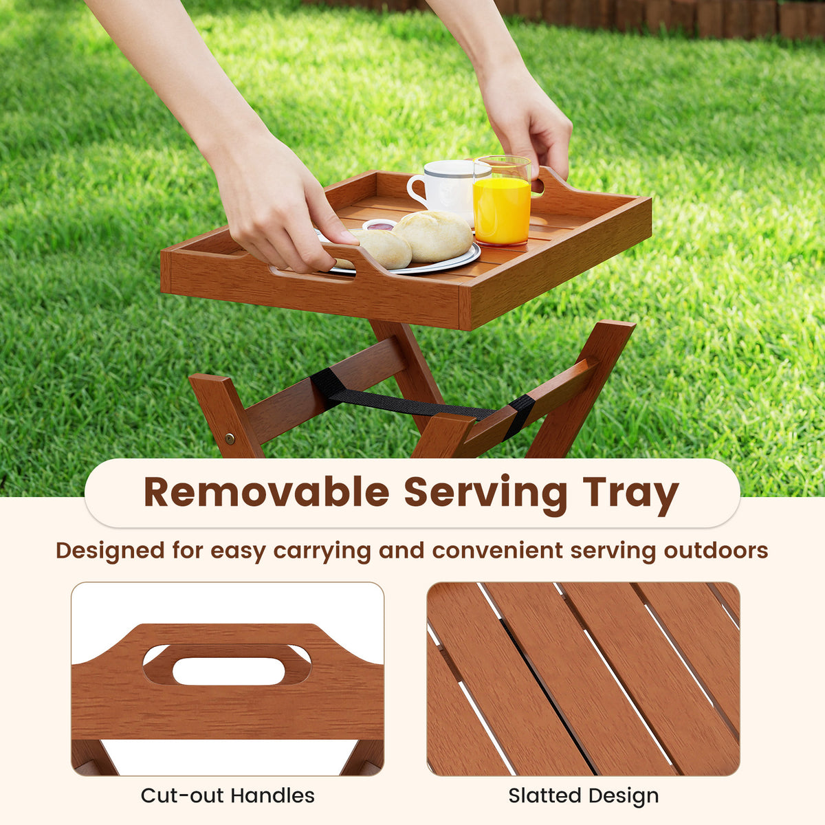 Outdoor Wood Tray Table Portable Side End with Folding Frame