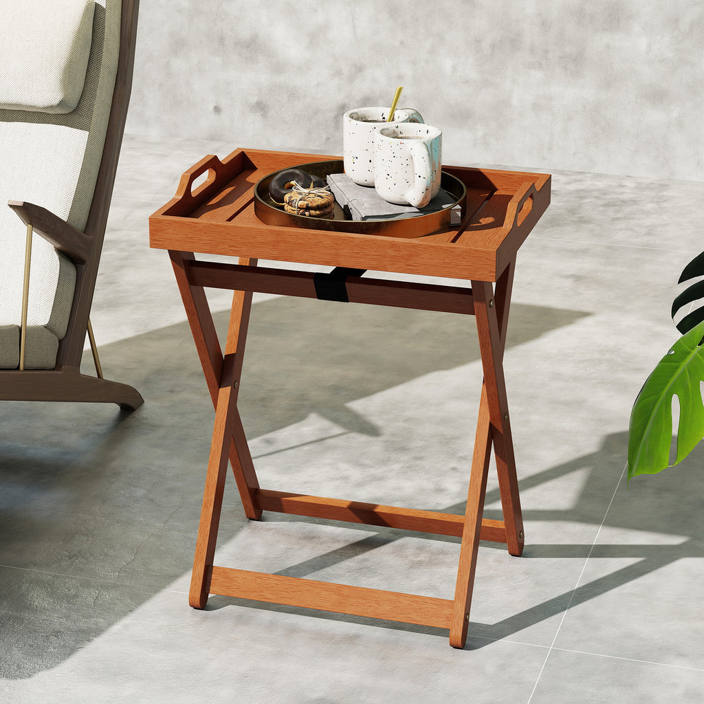 Outdoor Wood Tray Table Portable Side End with Folding Frame