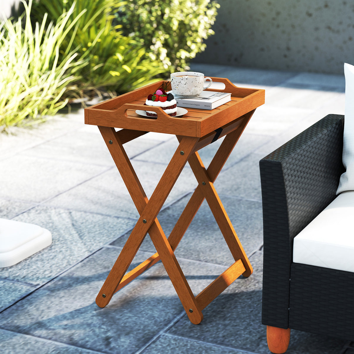 Outdoor Wood Tray Table Portable Side End with Folding Frame