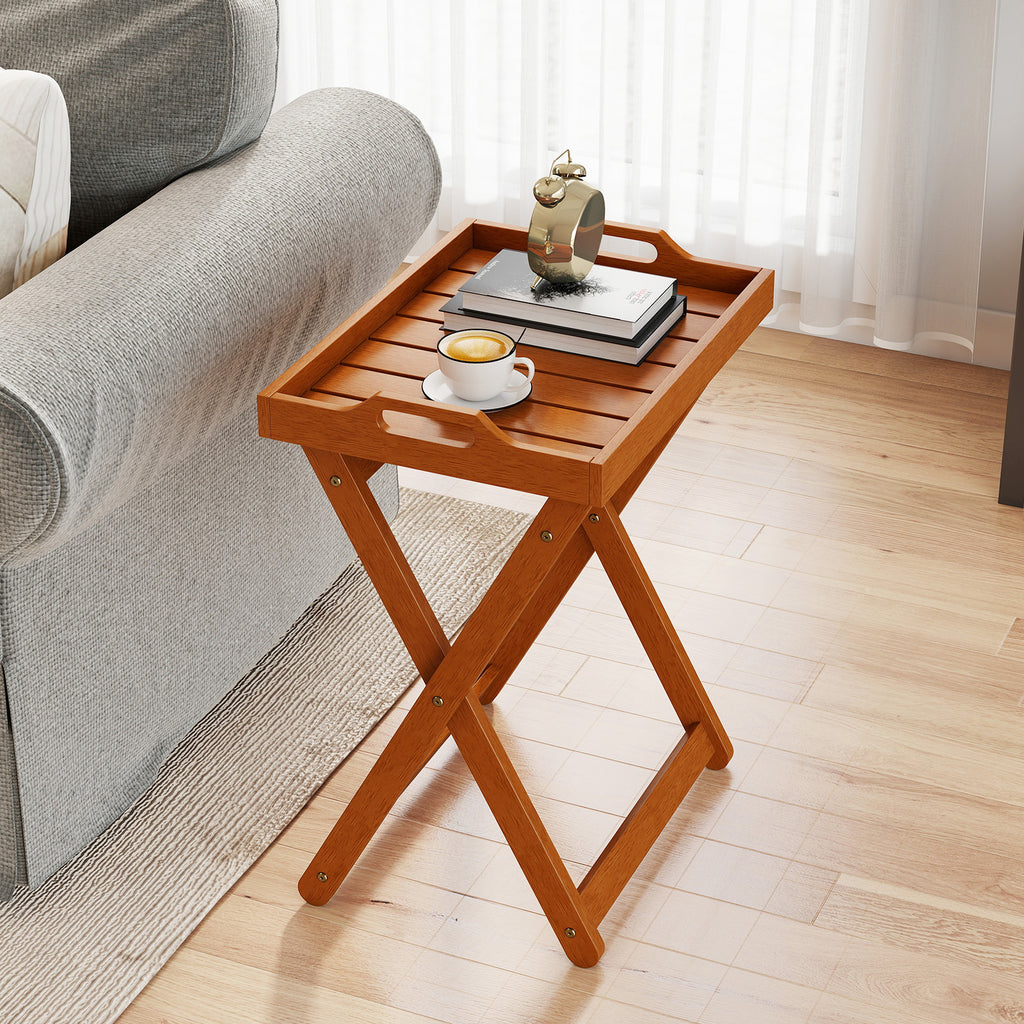 Outdoor Wood Tray Table Portable Side End with Folding Frame