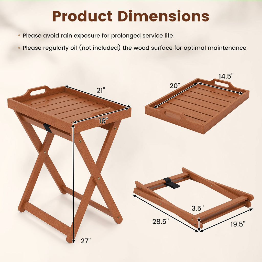 Outdoor Wood Tray Table Portable Side End with Folding Frame