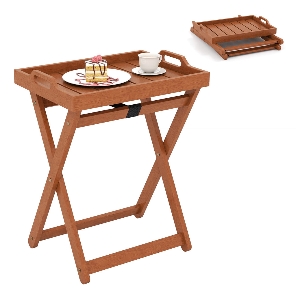 Outdoor Wood Tray Table Portable Side End with Folding Frame