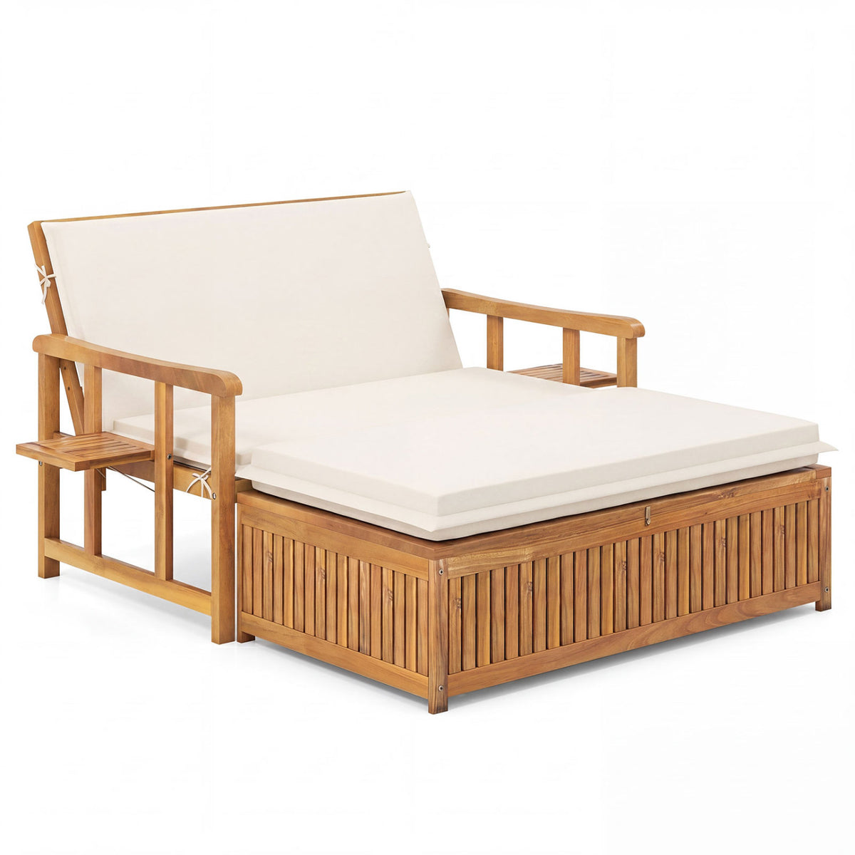 Outdoor Wooden Daybed with 4-Level Backrest and Removable Cushions