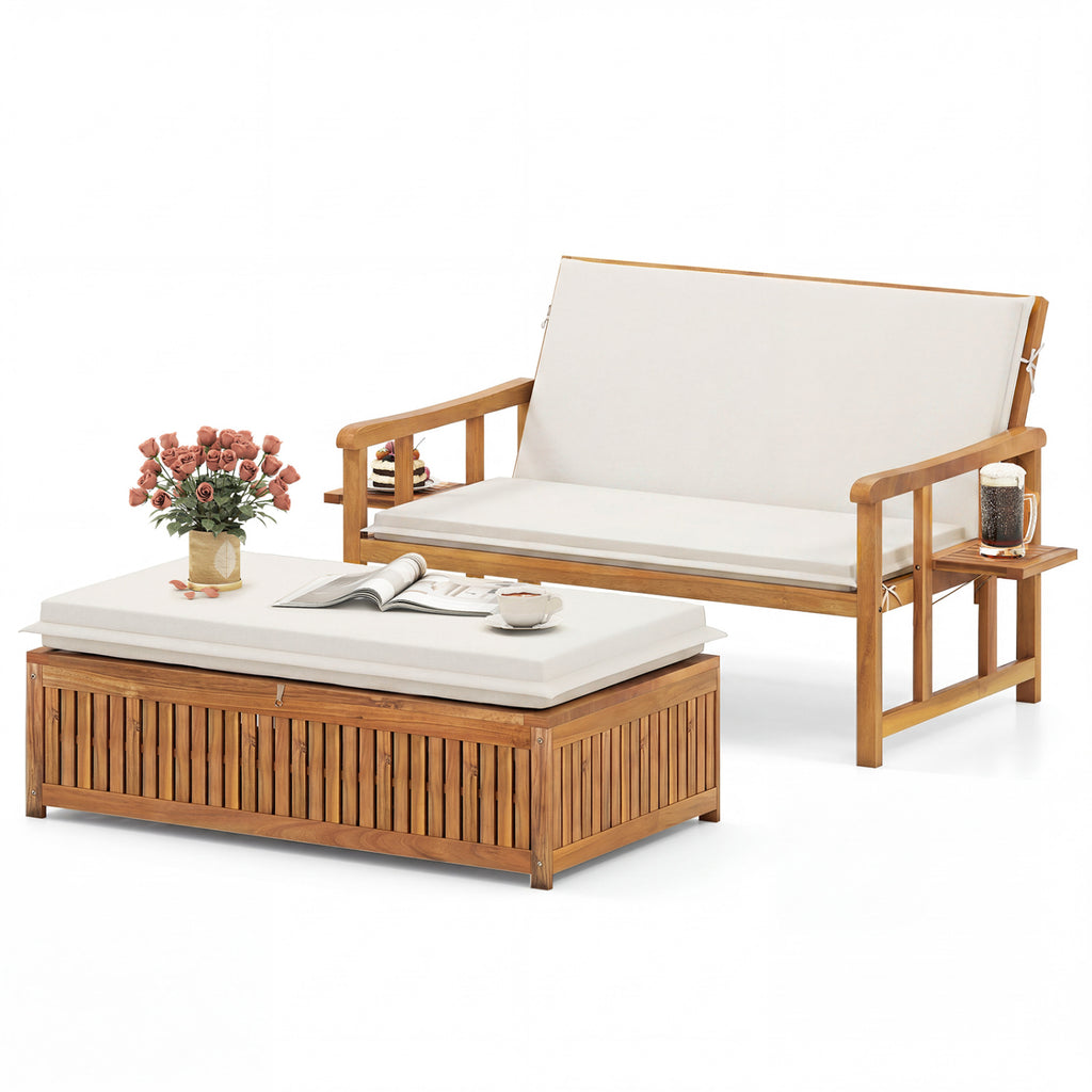 Outdoor Wooden Daybed with 4-Level Backrest and Removable Cushions