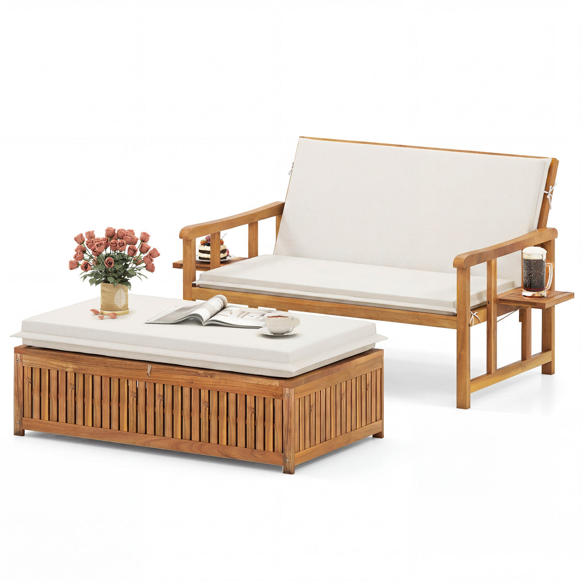 Outdoor Wooden Daybed with 4-Level Backrest and Removable Cushions