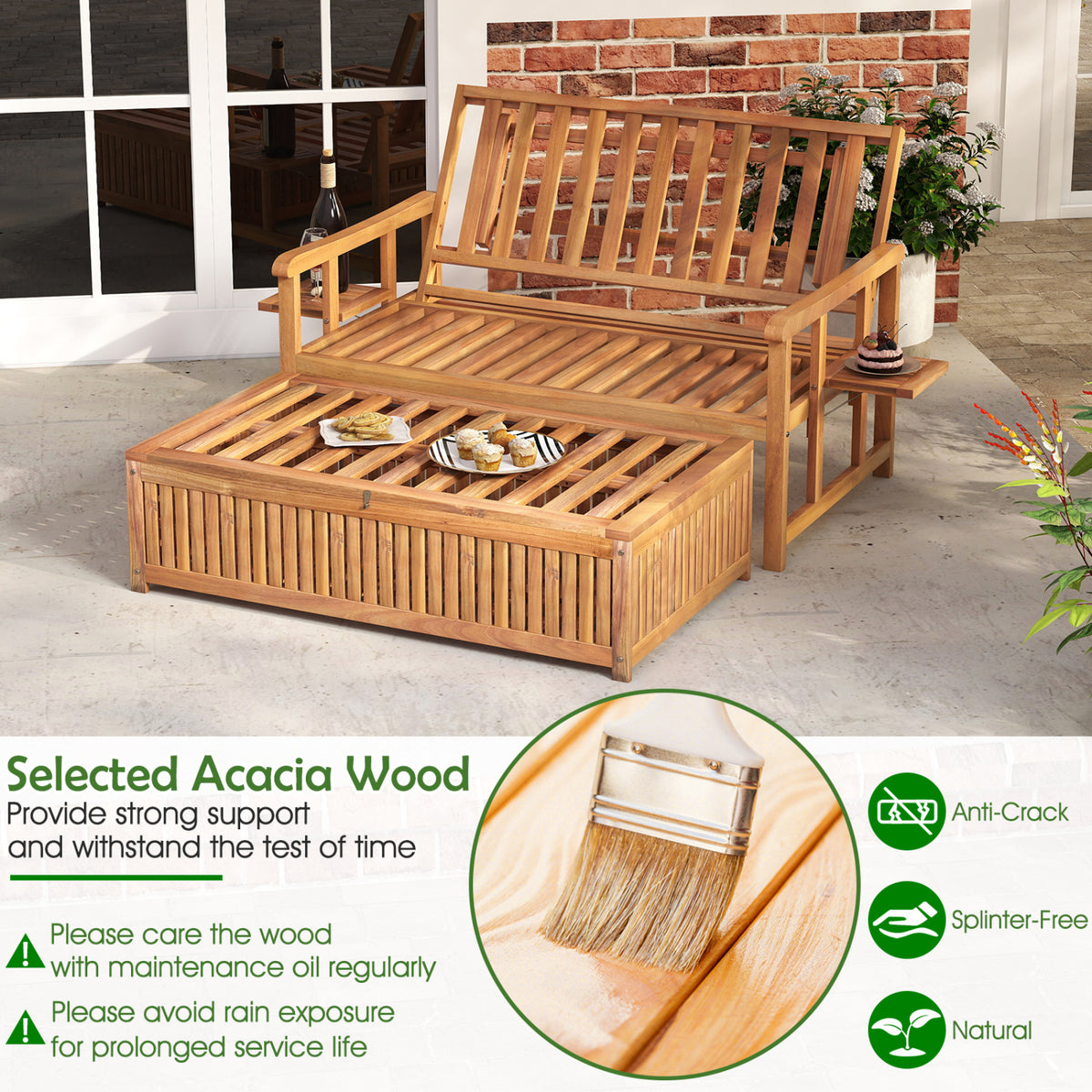 Outdoor Wooden Daybed with 4-Level Backrest and Removable Cushions
