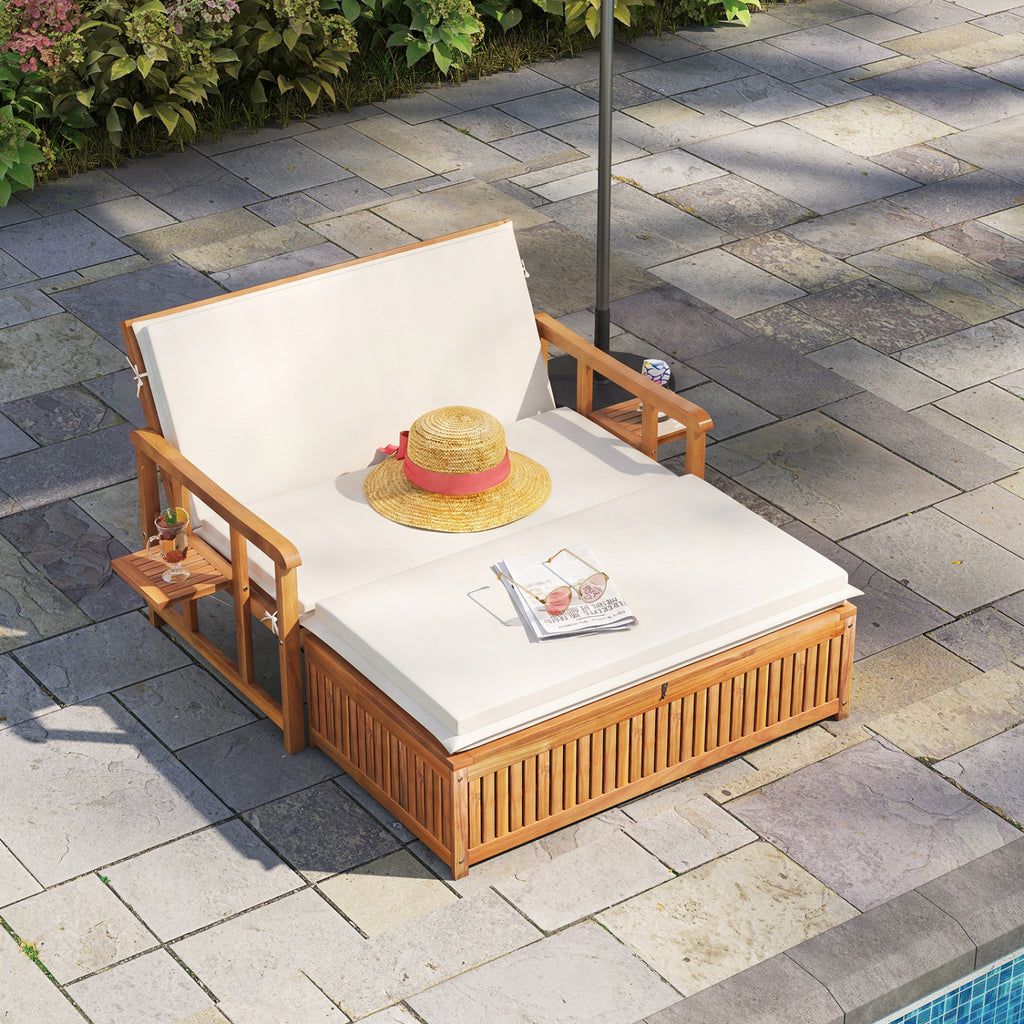 Outdoor Wooden Daybed with 4-Level Backrest and Removable Cushions