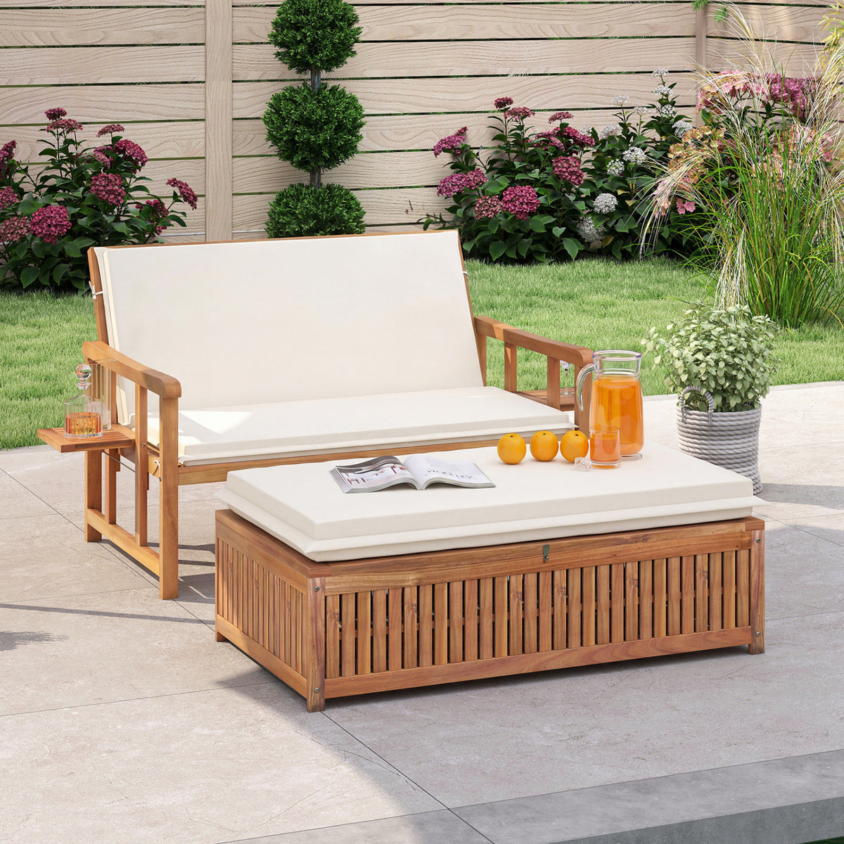 Outdoor Wooden Daybed with 4-Level Backrest and Removable Cushions
