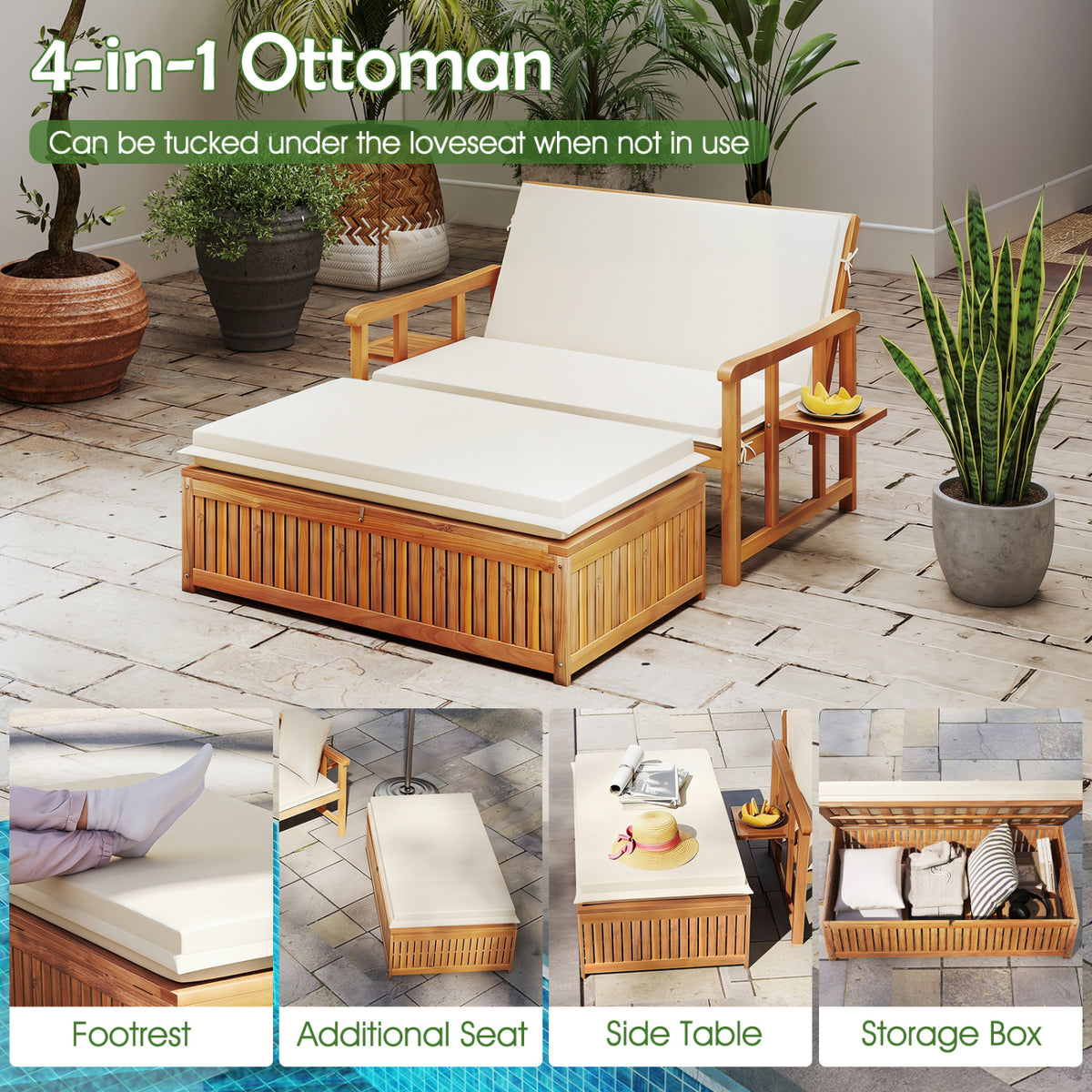 Outdoor Wooden Daybed with 4-Level Backrest and Removable Cushions