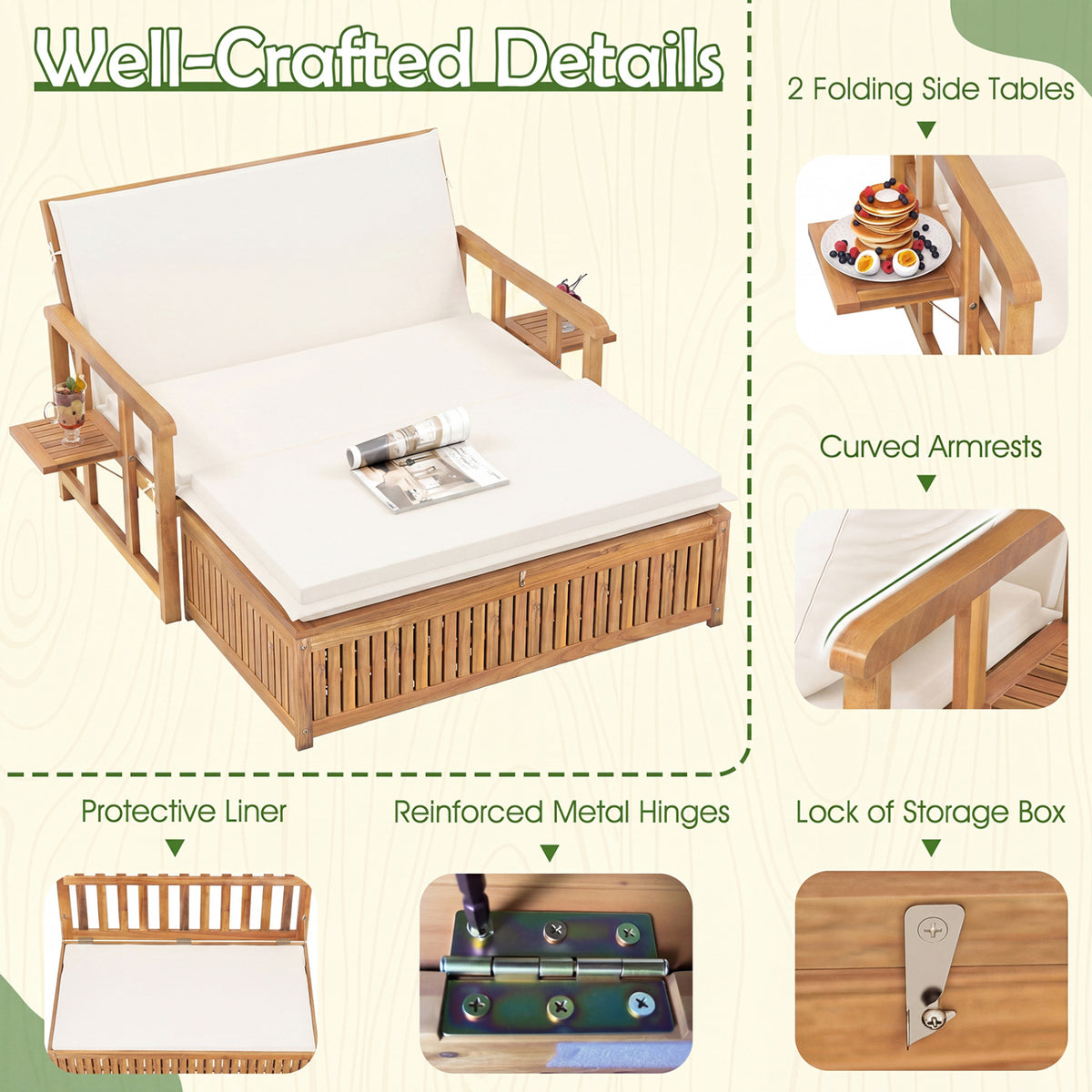 Outdoor Wooden Daybed with 4-Level Backrest and Removable Cushions