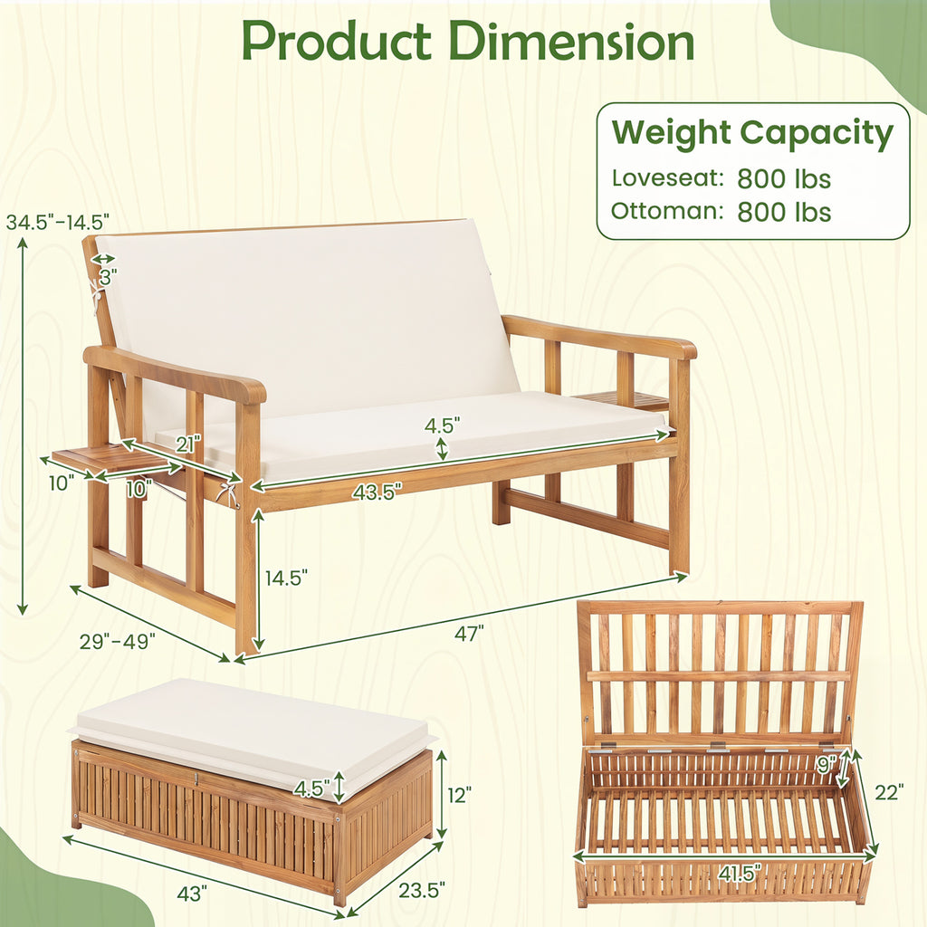 Outdoor Wooden Daybed with 4-Level Backrest and Removable Cushions