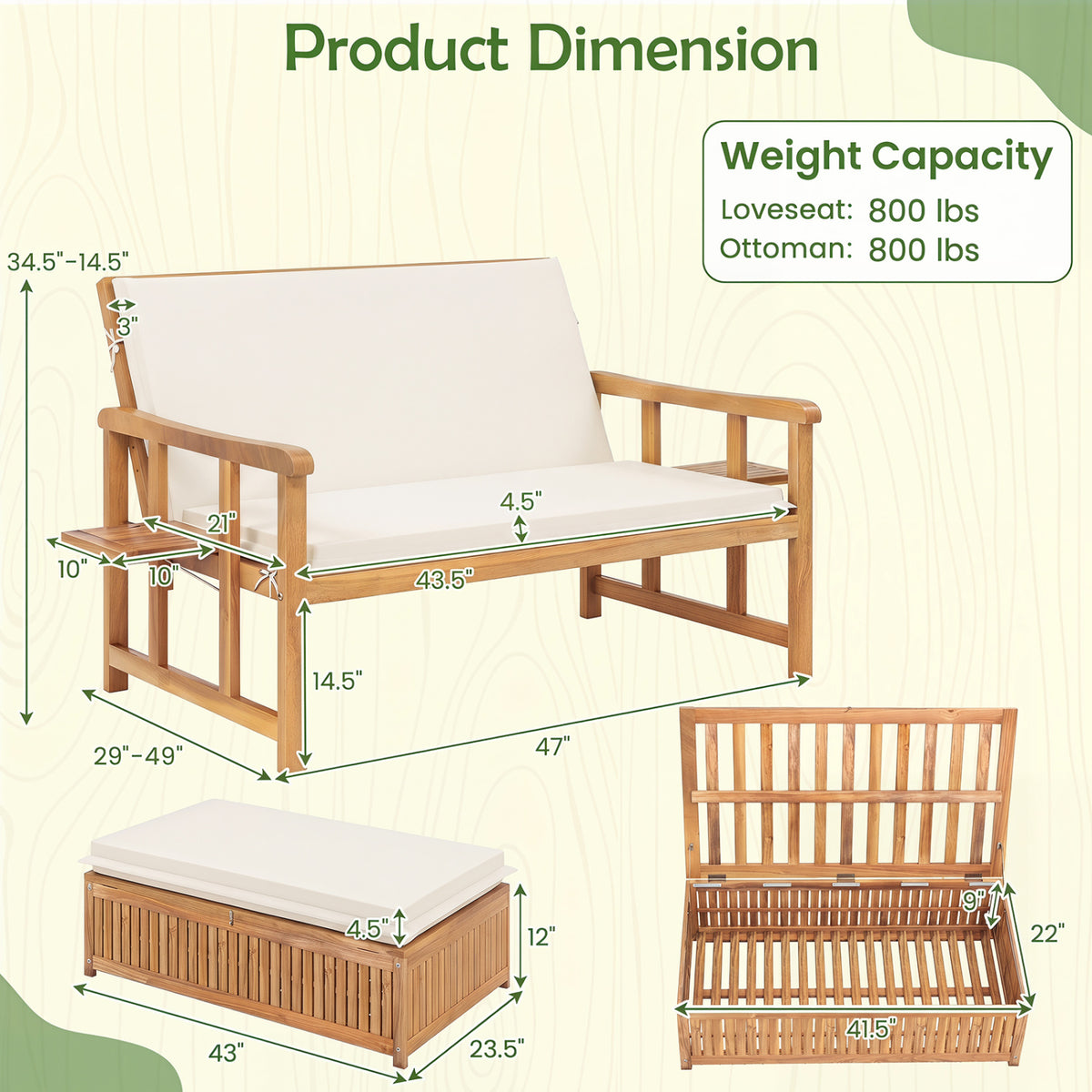 Outdoor Wooden Daybed with 4-Level Backrest and Removable Cushions