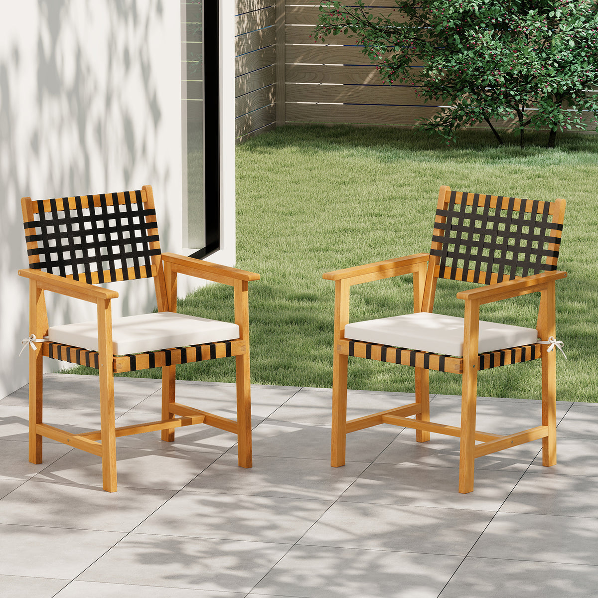 Outdoor Wooden Dining Chairs Set of 2 with Armrests - White