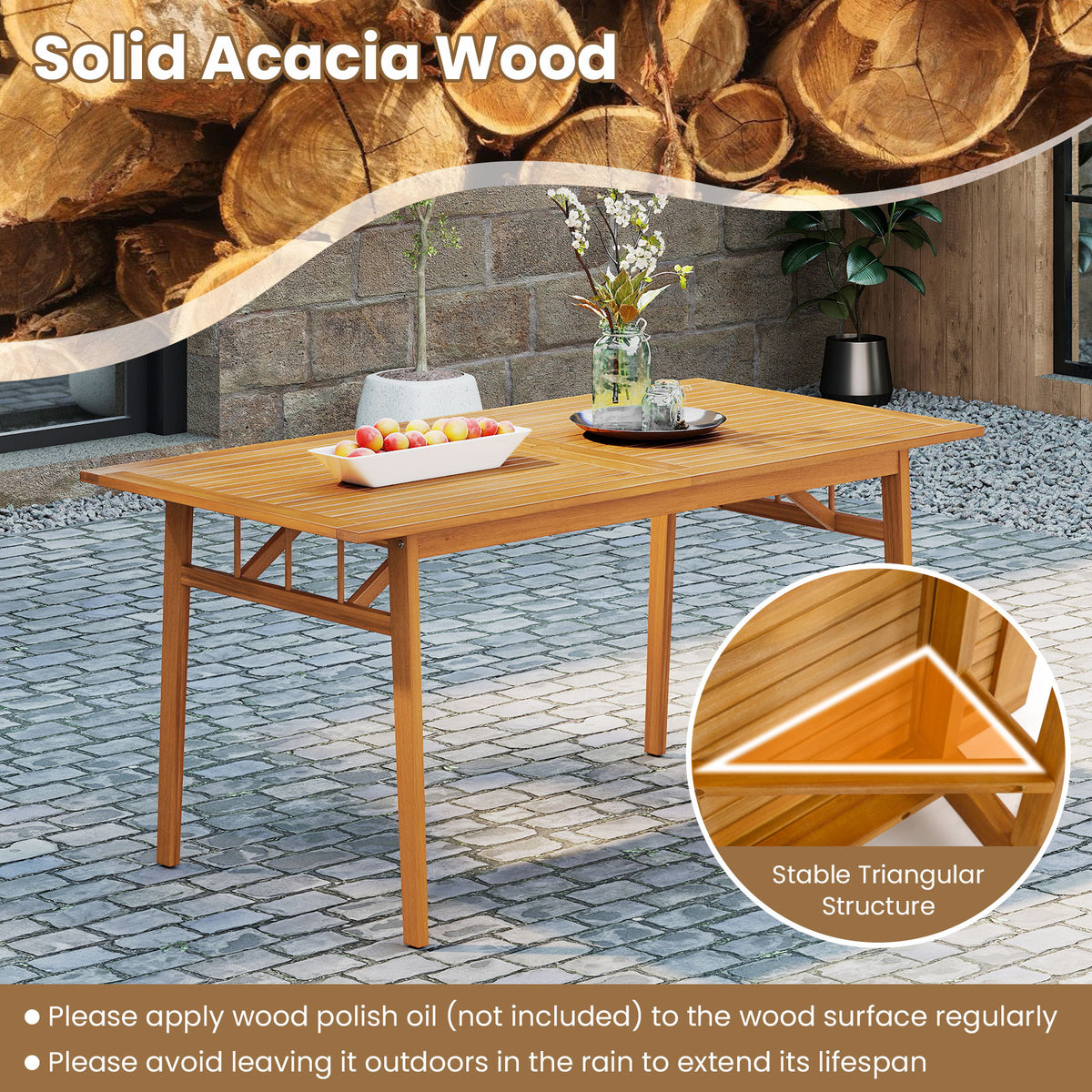 Acacia Wood Outdoor Dining Table with Umbrella Hole – 63" × 32"