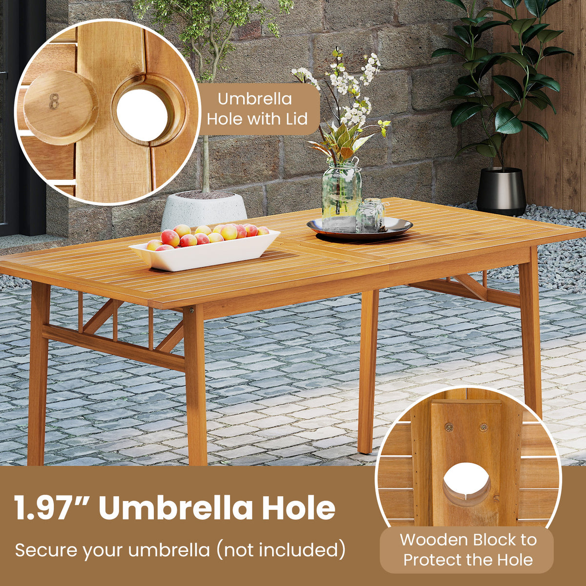 Acacia Wood Outdoor Dining Table with Umbrella Hole – 63" × 32"
