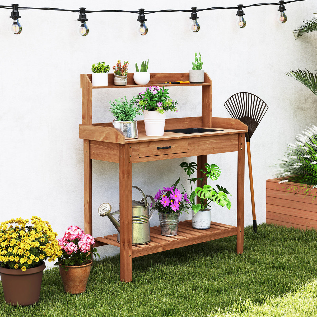 Outdoor Wooden Garden Table Work Station with Storage Shelves and